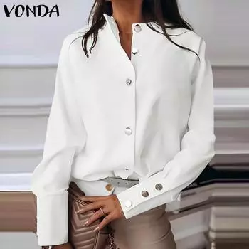VONDA Женская осенняя водолазка с длинным рукавом и металлическими пуговицами, однотонные рубашки S белый