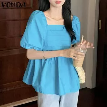 VONDA Женская плиссированная однотонная блузка с круглым вырезом и короткими рукавами