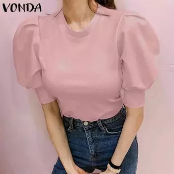 VONDA женская плиссированная однотонная повседневная блузка с круглым вырезом и пышными рукавами 5XL оранжевый