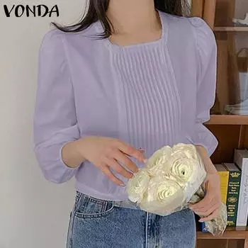 VONDA женская плиссированная однотонная повседневная блузка с круглым вырезом и длинными рукавами 5XL жёлтый