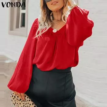 VONDA женская плиссированная однотонная свободная блузка с v-образным вырезом и длинными рукавами