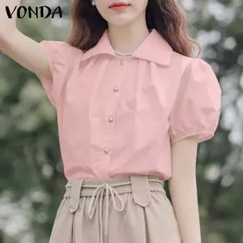 VONDA женская плиссированная рубашка на пуговицах с короткими рукавами и воротником-стойкой с лацканами и пузырьками