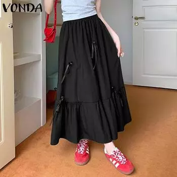 VONDA Женская повседневная эластичная талия однотонная бретелька свободная юбка M синий