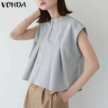 VONDA Женская повседневная блузка без рукавов с воротником-стойкой и пуговицами, однотонная, свободная S серый