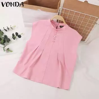 VONDA Женская повседневная блузка без рукавов с воротником-стойкой и пуговицами, однотонная, свободная 2XL