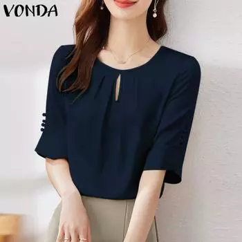 VONDA Женская повседневная блузка с круглым вырезом, однотонная, свободная, с коротким рукавом