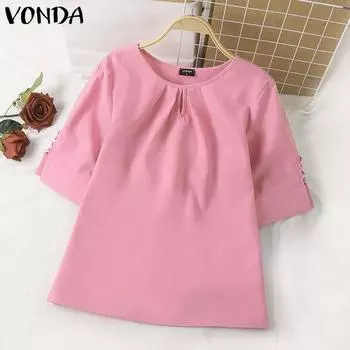 VONDA Женская повседневная блузка с круглым вырезом, однотонная, свободная, с коротким рукавом