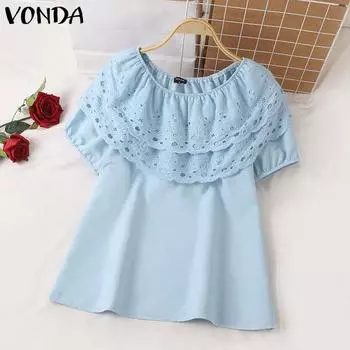 VONDA женская повседневная блузка с круглым вырезом и короткими рукавами, кружевная однотонная свободная блузка S синий