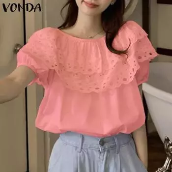 VONDA женская повседневная блузка с круглым вырезом и короткими рукавами, кружевная однотонная свободная блузка