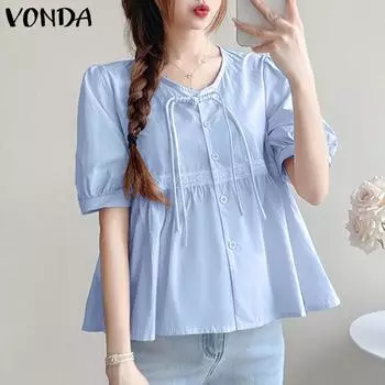 Vonda Женская повседневная блузка с круглым вырезом и коротким рукавом, однотонная свободная блузка