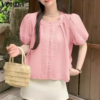 VONDA Женская повседневная блузка с круглым вырезом и короткими рукавами, кружевная отделка, свободная блузка