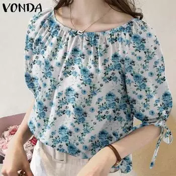 VONDA Женская повседневная блузка с круглым вырезом и короткими рукавами с цветочным принтом L розовый