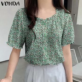 VONDA Женская повседневная блузка с круглым вырезом и коротким рукавом с цветочным принтом и пуговицами