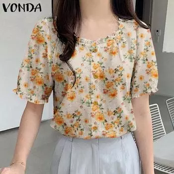 VONDA Женская повседневная блузка с круглым вырезом и коротким рукавом с цветочным принтом и пуговицами