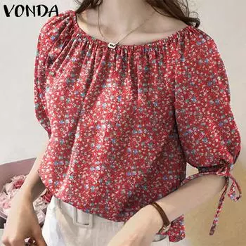 VONDA Женская повседневная блузка с круглым вырезом и коротким рукавом с цветочным принтом