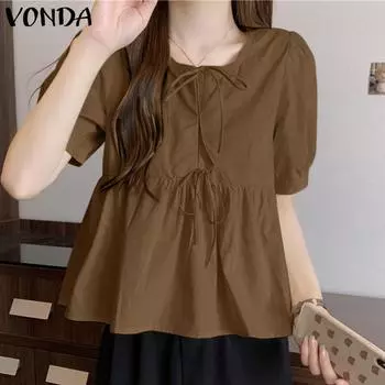VONDA Женская повседневная блузка с круглым вырезом и короткими рукавами, повязка на шею