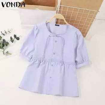 Vonda Женская повседневная блузка с круглым вырезом и коротким рукавом, однотонная свободная блузка S фиолетовый
