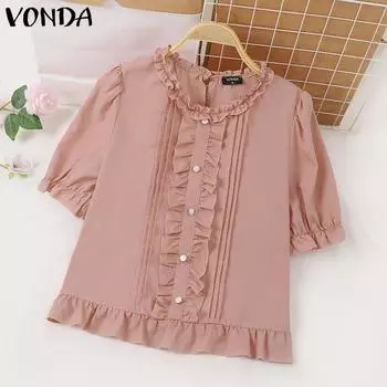 VONDA Женская повседневная блузка с круглым вырезом и короткими рукавами в полоску и кружевом S розовый
