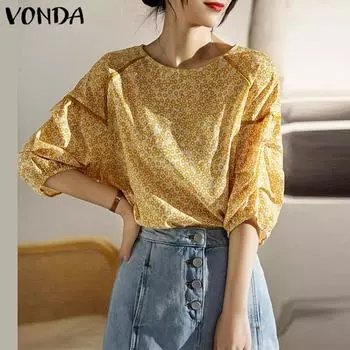 VONDA женская повседневная блузка с круглым вырезом и длинными рукавами с цветочным принтом 3XL синий