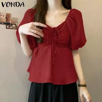 VONDA женская повседневная блузка с круглым вырезом и пышным воротником с короткими рукавами и завязками на талии