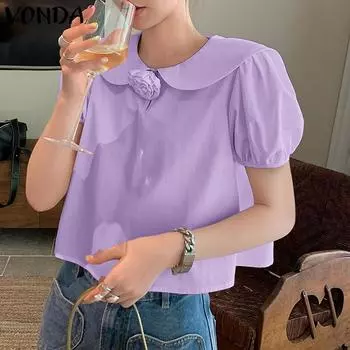 VONDA Женская повседневная блузка с кукольным воротником и цветочным декором, пышная блузка с короткими рукавами S жёлтый