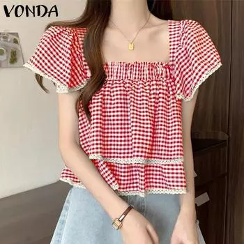 VONDA Женская повседневная блузка с квадратным вырезом и кружевом в клетку с коротким рукавом и свободным кроем