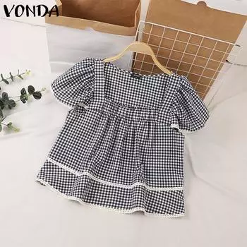 VONDA Женская повседневная блузка с квадратным вырезом и кружевом в клетку с коротким рукавом и свободным кроем