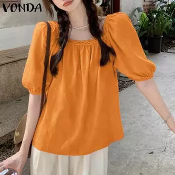 VONDA Женская повседневная блузка с квадратным вырезом и короткими рукавами, кружевная свободная блузка