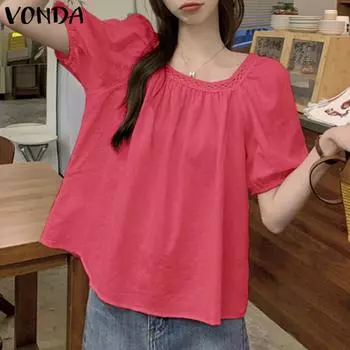 VONDA Женская повседневная блузка с квадратным вырезом и короткими рукавами, кружевная свободная блузка S оранжевый