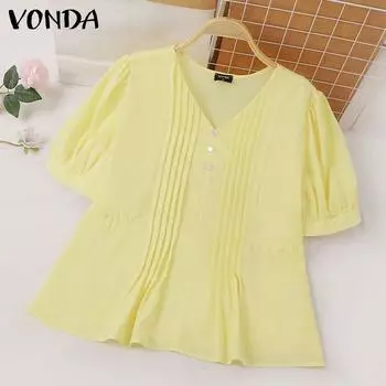 VONDA Женская повседневная блузка с V-образным вырезом и короткими рукавами в полоску, свободная