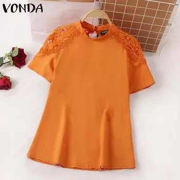 VONDA женская повседневная блузка с воротником-стойкой и короткими рукавами, сплошная цветная свободная кружевная блузка 3XL оранжевый