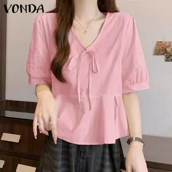 VONDA Женская повседневная блузка свободного кроя с V-образным вырезом и коротким рукавом
