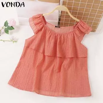 VONDA Женская повседневная клетчатая блузка с круглым вырезом и оборками на рукавах S зелёный