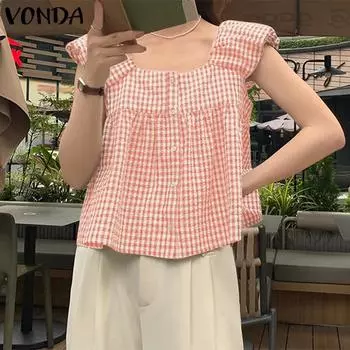VONDA женская повседневная клетчатая блузка в клетку с квадратным вырезом и рукавами-крылышками
