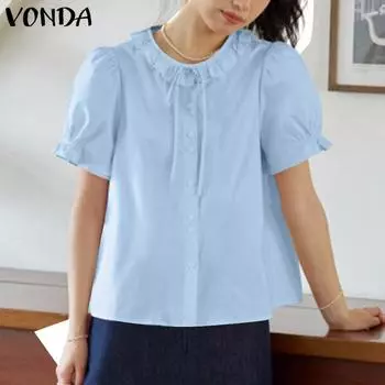 VONDA Женская повседневная кружевная круглая шея с пышным воротником и коротким рукавом, однотонная свободная блузка