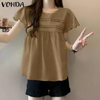 VONDA женская повседневная кружевная однотонная свободная блузка с круглым вырезом и короткими рукавами S жёлтый