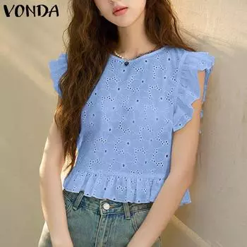 VONDA Женская повседневная кружевная однотонная свободная блузка с круглым вырезом и рюшами с коротким рукавом L розовый