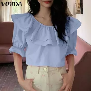 VONDA Женская повседневная кружевная свободная блузка с круглым вырезом и короткими рукавами