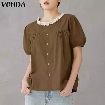 VONDA Женская повседневная кружевная свободная блузка с круглым вырезом и короткими рукавами