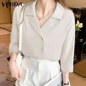 VONDA женская повседневная летняя рубашка с расклешенным воротником и коротким рукавом, прямая однотонная свободная рубашка