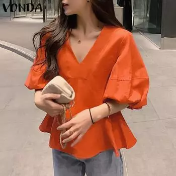 VONDA Женская повседневная однотонная блузка с v-образным вырезом и пышными рукавами S оранжевый