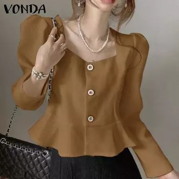 VONDA женская повседневная однотонная свободная блузка с квадратным вырезом и длинными рукавами XL чёрный