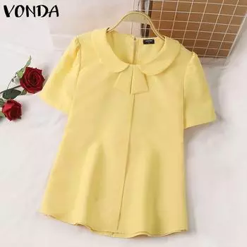 VONDA Женская повседневная однотонная свободная блузка с круглым вырезом и коротким рукавом M жёлтый