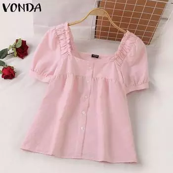 VONDA Женская повседневная однотонная свободная блузка с квадратным вырезом и оборками и короткими рукавами