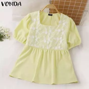 VONDA Женская повседневная однотонная свободная блузка с квадратным вырезом и короткими рукавами S жёлтый