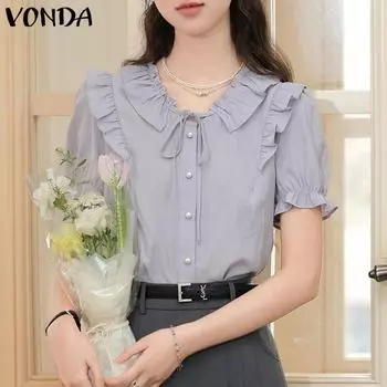 VONDA Женская повседневная однотонная свободная блузка с v-образным вырезом и коротким рукавом