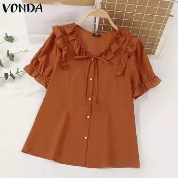 VONDA Женская повседневная однотонная свободная блузка с v-образным вырезом и коротким рукавом