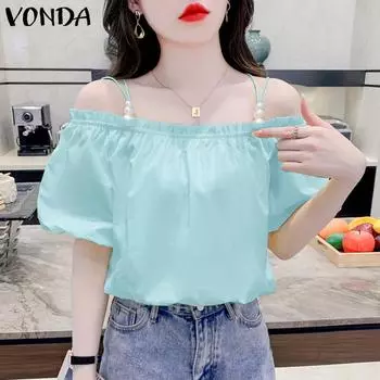 VONDA Женская повседневная однотонная свободная блузка с воротником-лодочкой и коротким рукавом