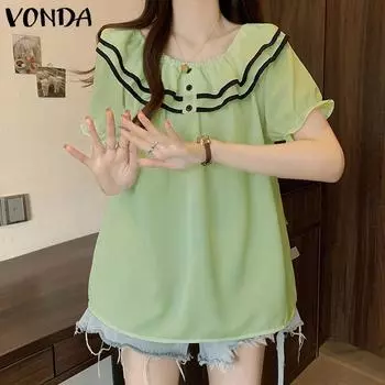 VONDA Женская повседневная однотонная свободная блузка с круглым вырезом и коротким рукавом S жёлтый