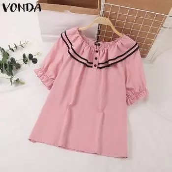 VONDA Женская повседневная однотонная свободная блузка с круглым вырезом и коротким рукавом S розовый